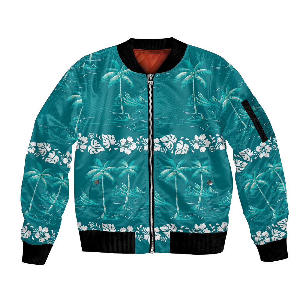 Cyan Hawaii Palm Tree Hibiscus Sleeve Zip Bomber Jacket Fantasy Summer Vibe