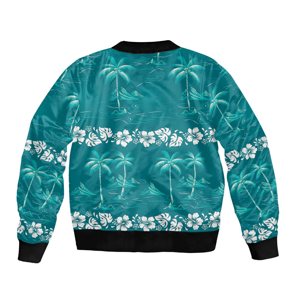 Cyan Hawaii Palm Tree Hibiscus Sleeve Zip Bomber Jacket Fantasy Summer Vibe