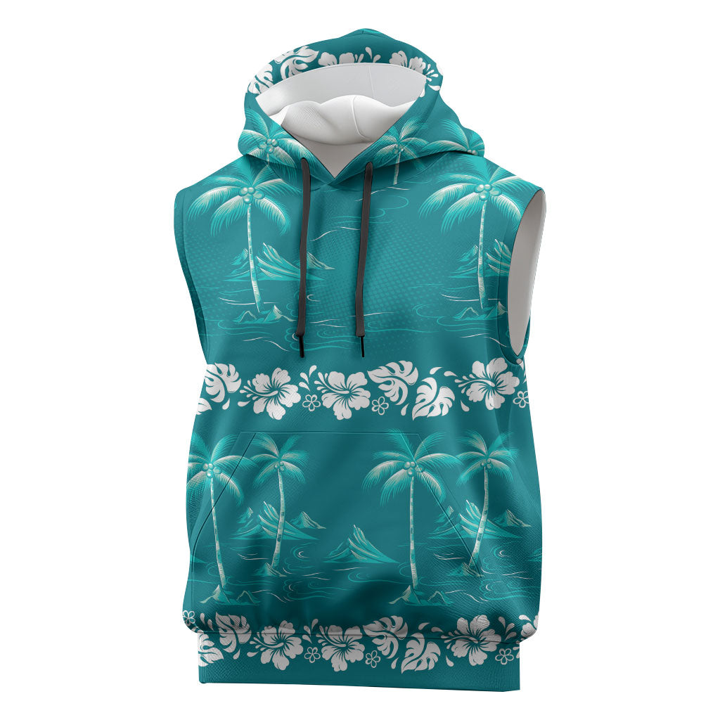 Cyan Hawaii Palm Tree Hibiscus Sleeveless Hoodie Fantasy Summer Vibe