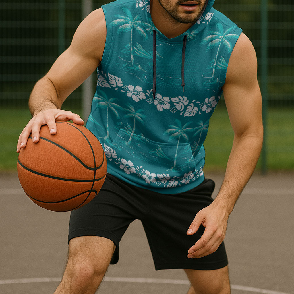 Cyan Hawaii Palm Tree Hibiscus Sleeveless Hoodie Fantasy Summer Vibe LT01 - Polynesian Pride