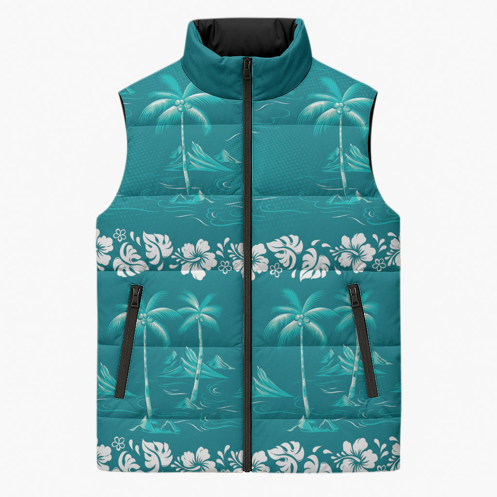 Cyan Hawaii Palm Tree Hibiscus Sleeveless Puffer Jacket Fantasy Summer Vibe