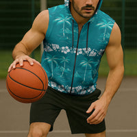 Cyan Hawaii Palm Tree Hibiscus Sleeveless Zip Hoodie Fantasy Summer Vibe LT01 - Polynesian Pride