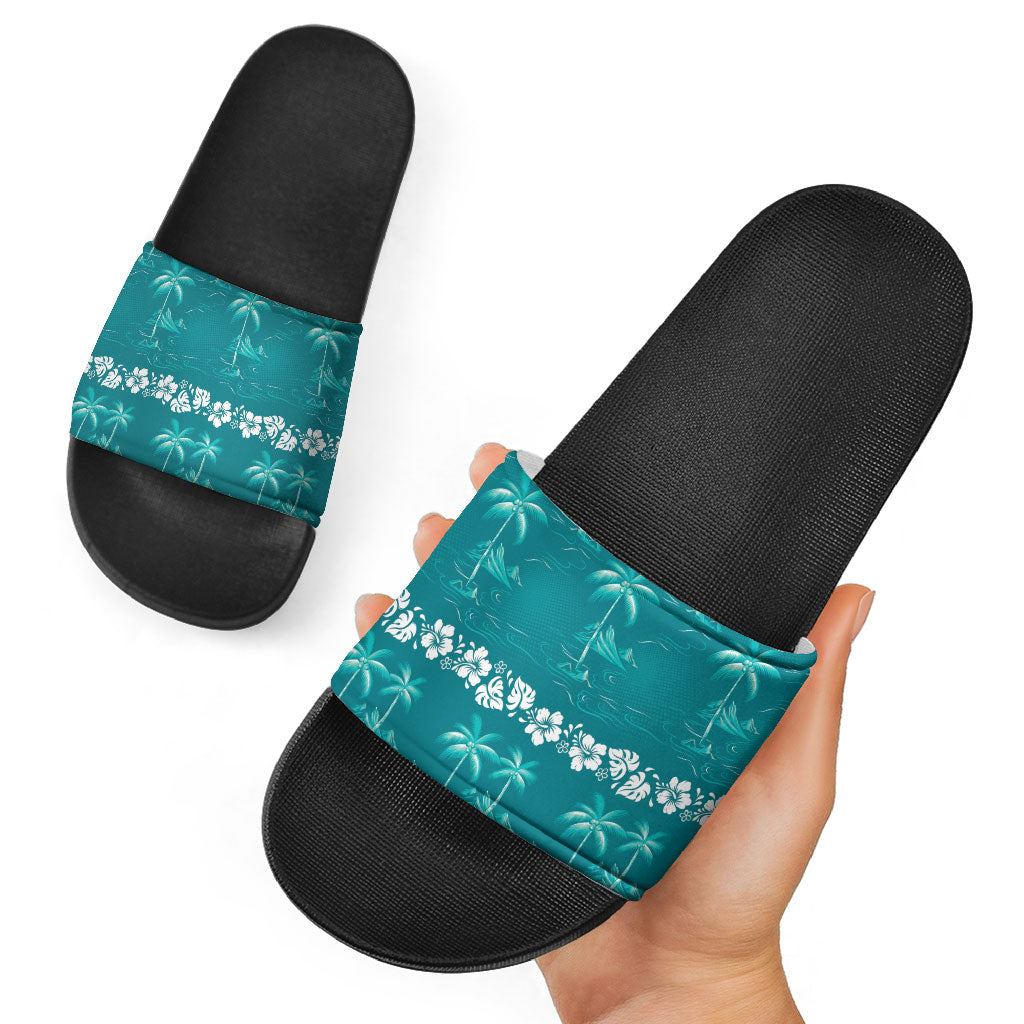 Cyan Hawaii Palm Tree Hibiscus Slide Sandals Fantasy Summer Vibe