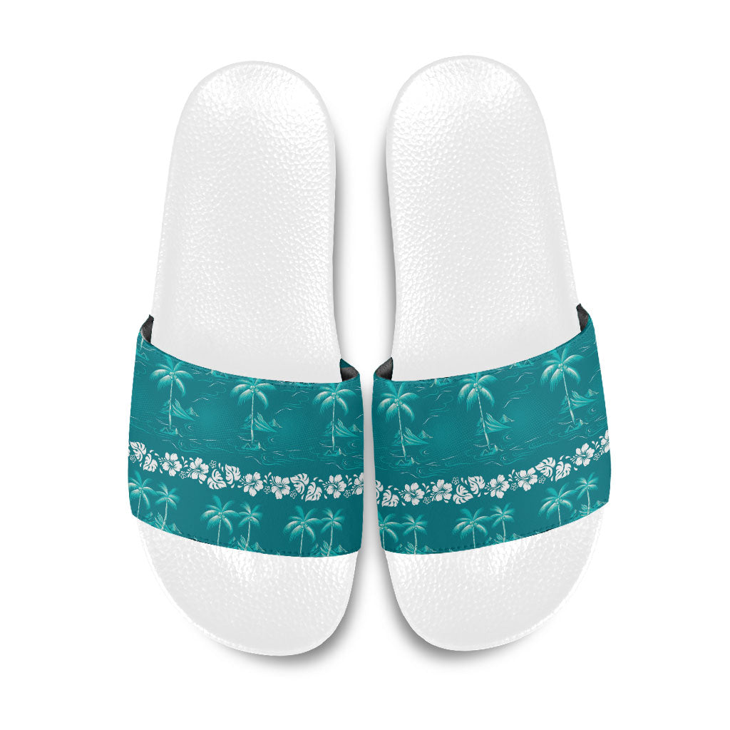 Cyan Hawaii Palm Tree Hibiscus Slide Sandals Fantasy Summer Vibe