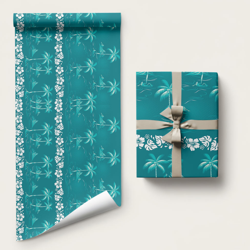 Cyan Hawaii Palm Tree Hibiscus Wrapping Paper Fantasy Summer Vibe