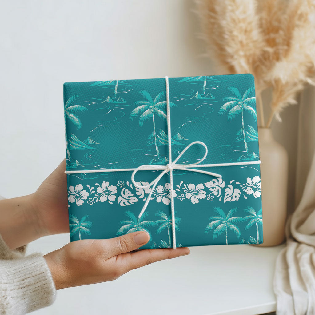 Cyan Hawaii Palm Tree Hibiscus Wrapping Paper Fantasy Summer Vibe