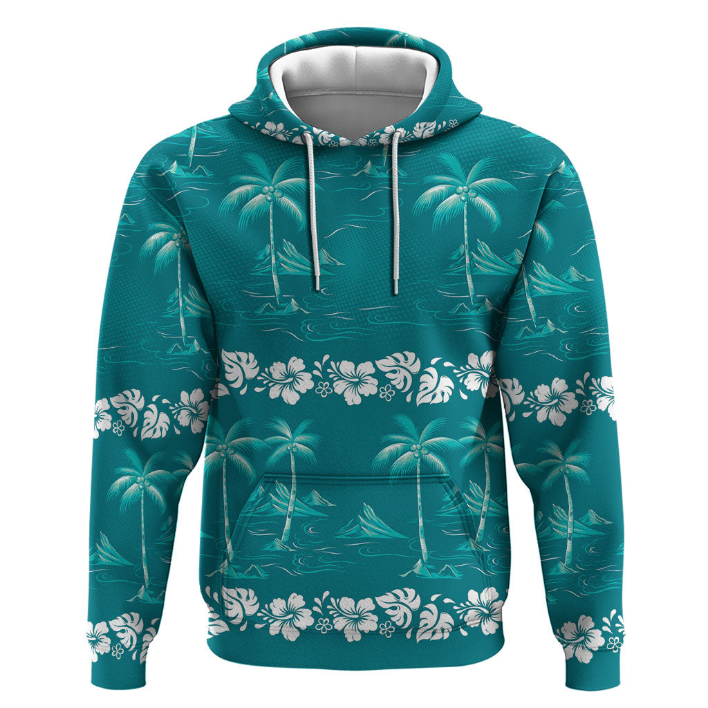 Cyan Hawaii Palm Tree Hibiscus Zip Hoodie Fantasy Summer Vibe LT01 Pullover Hoodie Cyan - Polynesian Pride