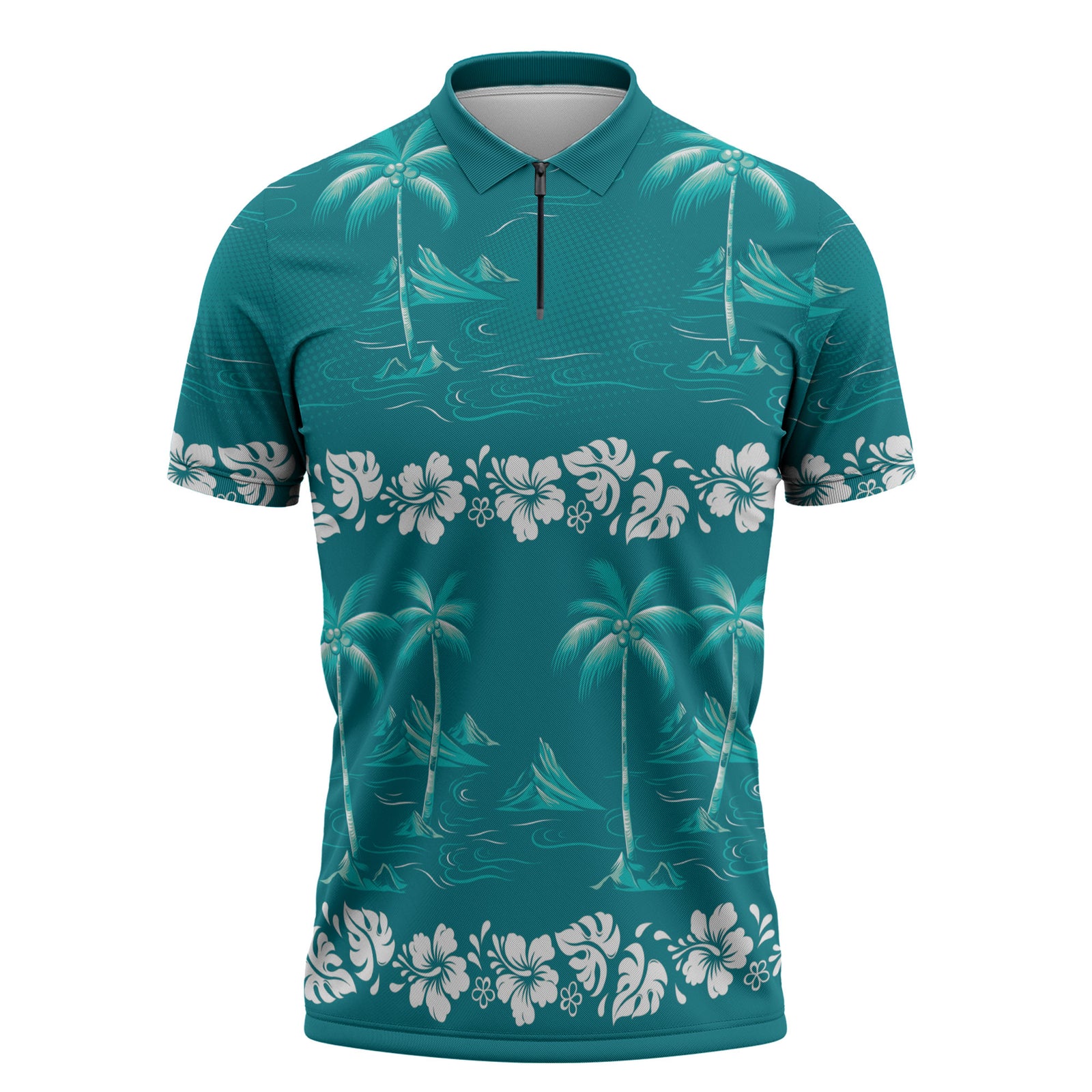 Cyan Hawaii Palm Tree Hibiscus Zipper Polo Shirt Fantasy Summer Vibe