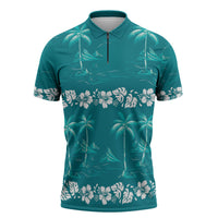 Cyan Hawaii Palm Tree Hibiscus Zipper Polo Shirt Fantasy Summer Vibe