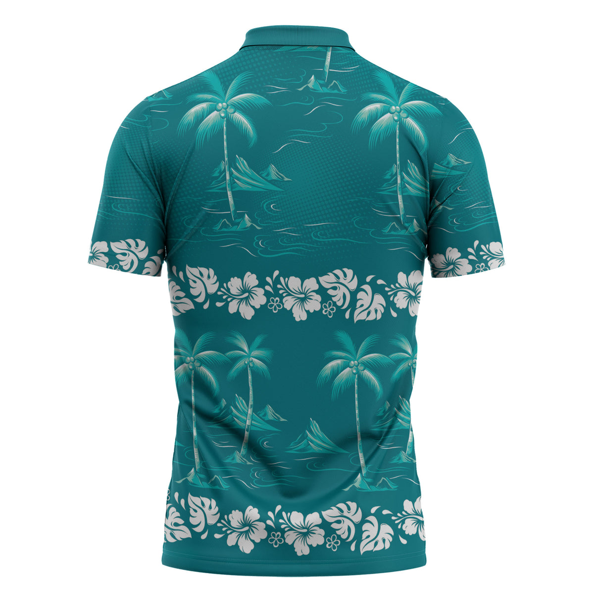 Cyan Hawaii Palm Tree Hibiscus Zipper Polo Shirt Fantasy Summer Vibe