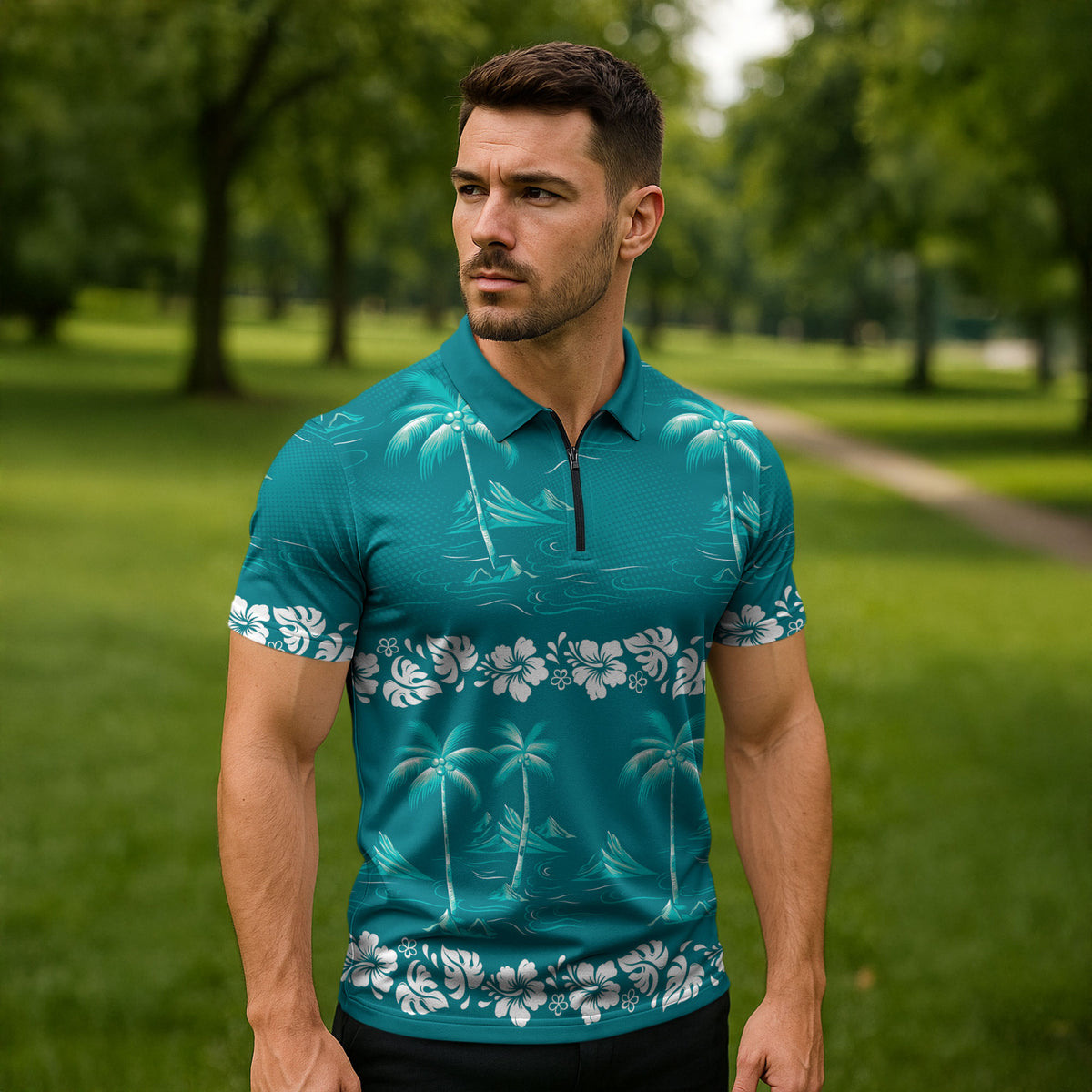 Cyan Hawaii Palm Tree Hibiscus Zipper Polo Shirt Fantasy Summer Vibe