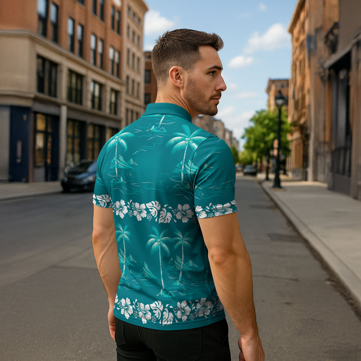 Cyan Hawaii Palm Tree Hibiscus Zipper Polo Shirt Fantasy Summer Vibe