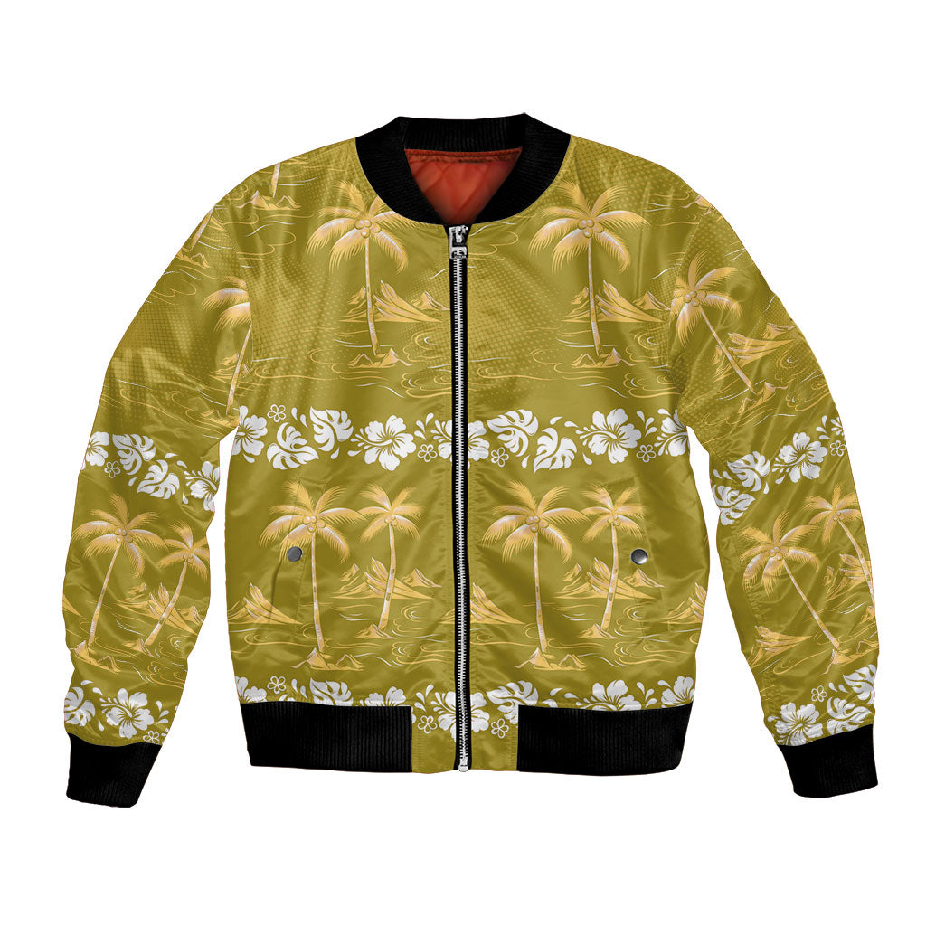 Yellow Hawaii Palm Tree Hibiscus Bomber Jacket Fantasy Summer Vibe