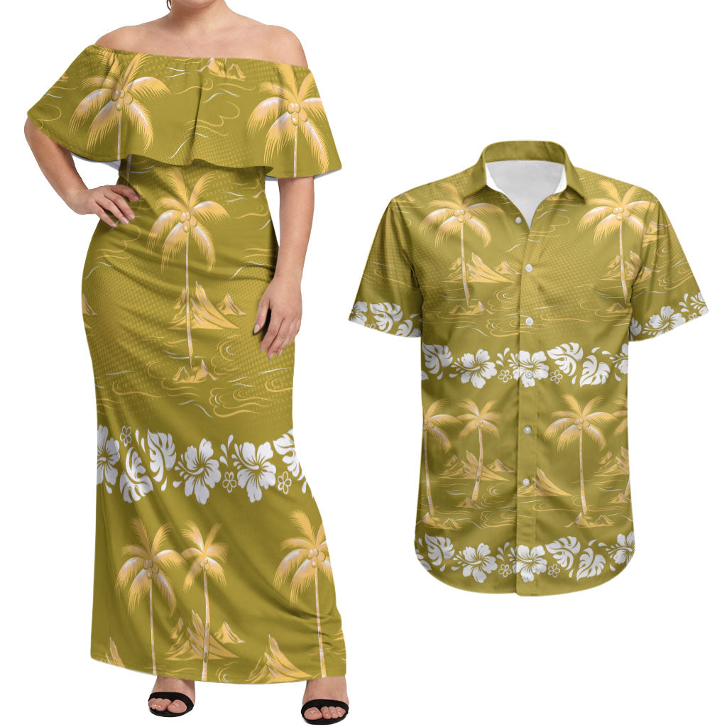 Yellow Hawaii Palm Tree Hibiscus Couples Matching Off Shoulder Maxi Dress and Hawaiian Shirt Fantasy Summer Vibe LT01 Yellow - Polynesian Pride
