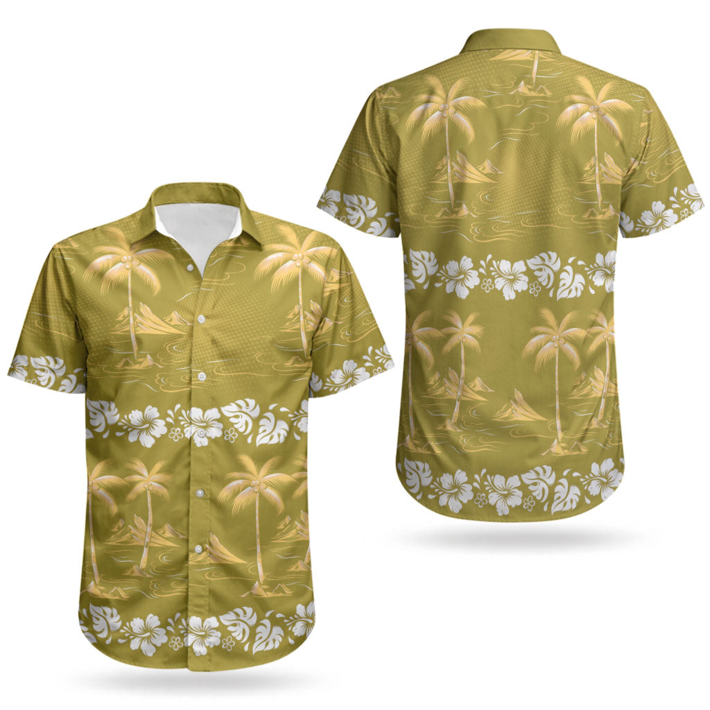 Yellow Hawaii Palm Tree Hibiscus Couples Matching Off Shoulder Maxi Dress and Hawaiian Shirt Fantasy Summer Vibe LT01 - Polynesian Pride