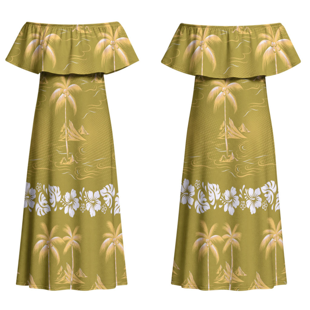 Yellow Hawaii Palm Tree Hibiscus Couples Matching Off Shoulder Maxi Dress and Hawaiian Shirt Fantasy Summer Vibe LT01 - Polynesian Pride