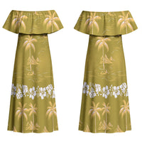 Yellow Hawaii Palm Tree Hibiscus Couples Matching Off Shoulder Maxi Dress and Long Sleeve Button Shirt Fantasy Summer Vibe LT01 - Polynesian Pride