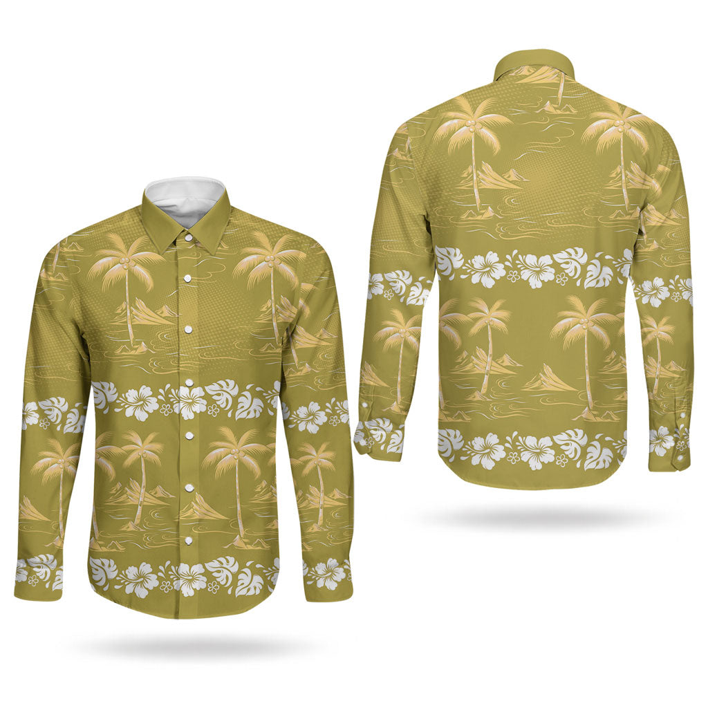 Yellow Hawaii Palm Tree Hibiscus Couples Matching Off Shoulder Short Dress and Long Sleeve Button Shirt Fantasy Summer Vibe
