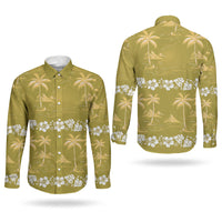 Yellow Hawaii Palm Tree Hibiscus Couples Matching Off Shoulder Short Dress and Long Sleeve Button Shirt Fantasy Summer Vibe