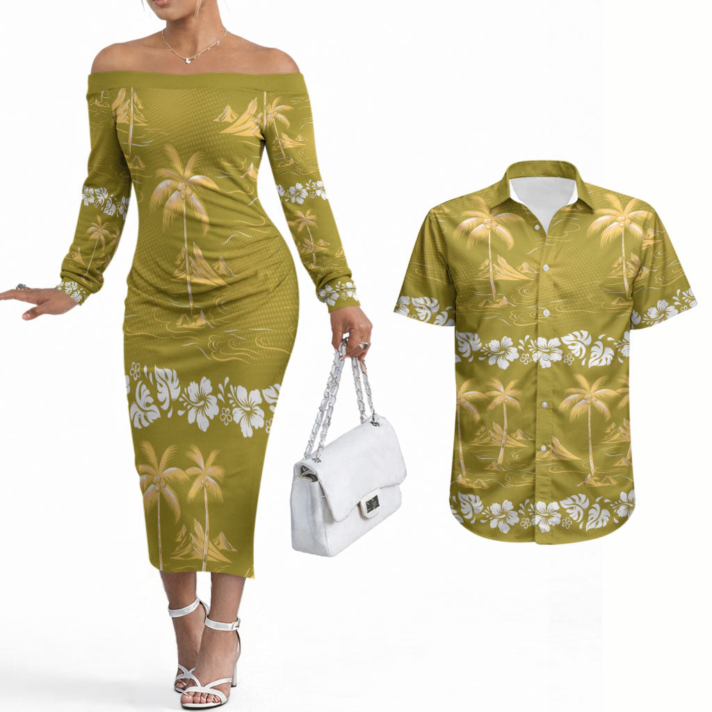 Yellow Hawaii Palm Tree Hibiscus Couples Matching Off The Shoulder Long Sleeve Dress and Hawaiian Shirt Fantasy Summer Vibe LT01 Yellow - Polynesian Pride