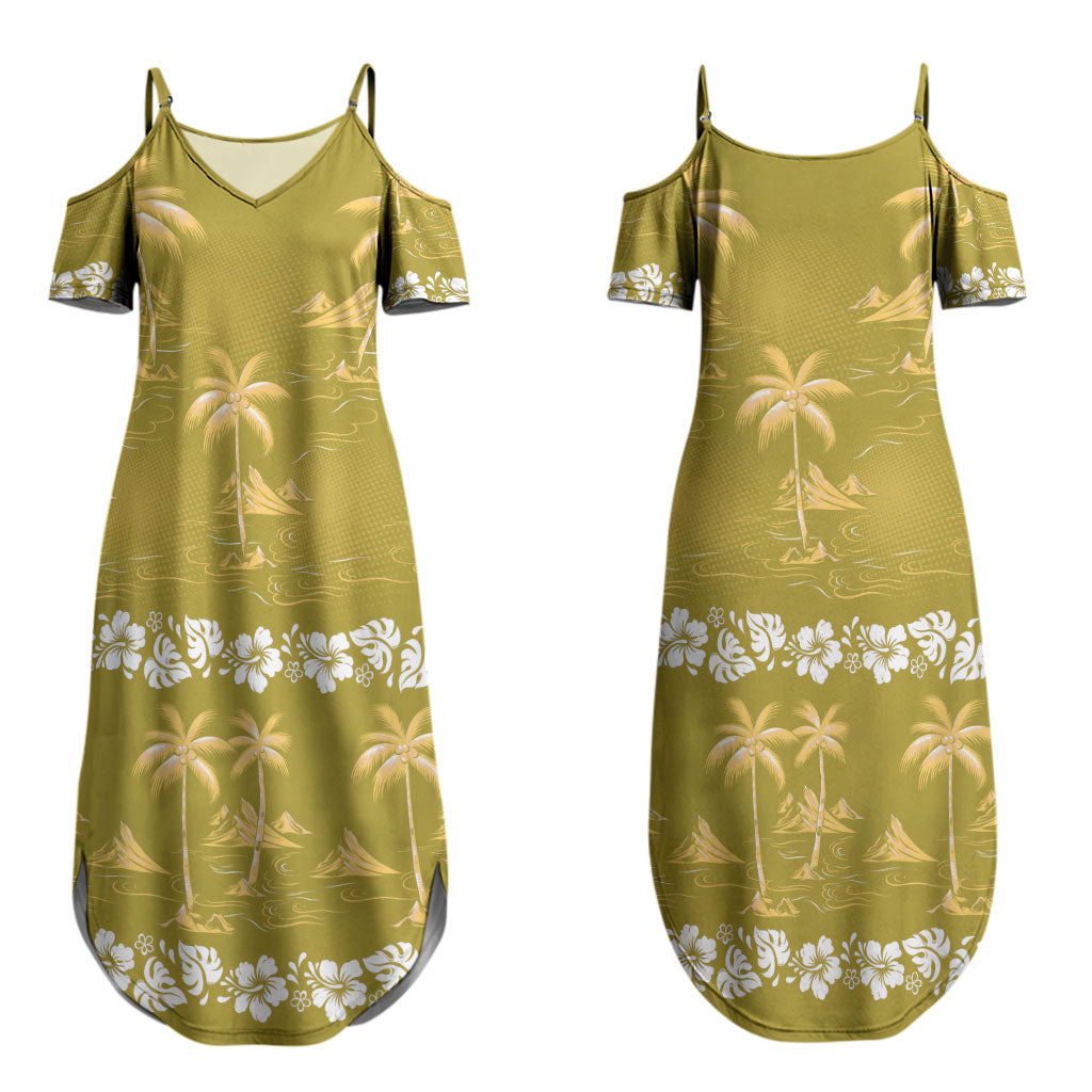 Yellow Hawaii Palm Tree Hibiscus Couples Matching Summer Maxi Dress and Long Sleeve Button Shirt Fantasy Summer Vibe LT01 - Polynesian Pride