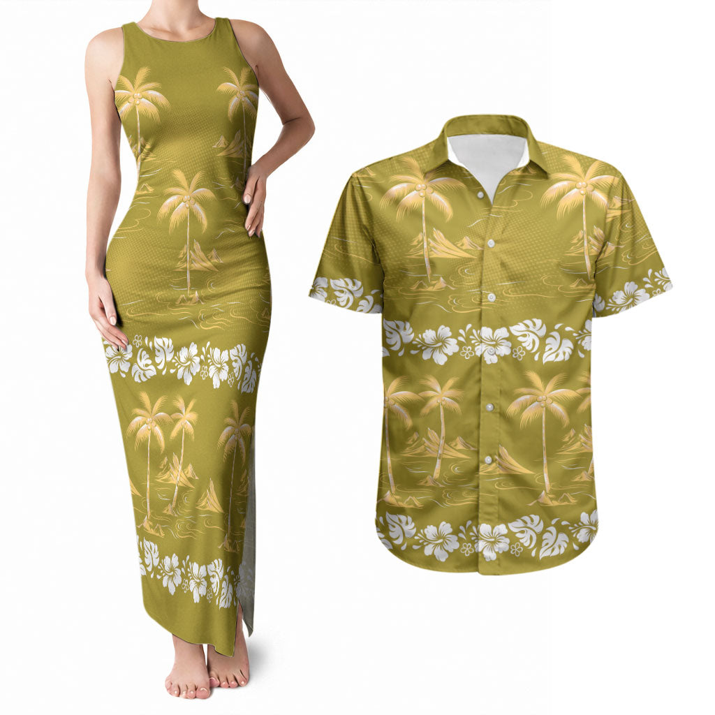 Yellow Hawaii Palm Tree Hibiscus Couples Matching Tank Maxi Dress and Hawaiian Shirt Fantasy Summer Vibe