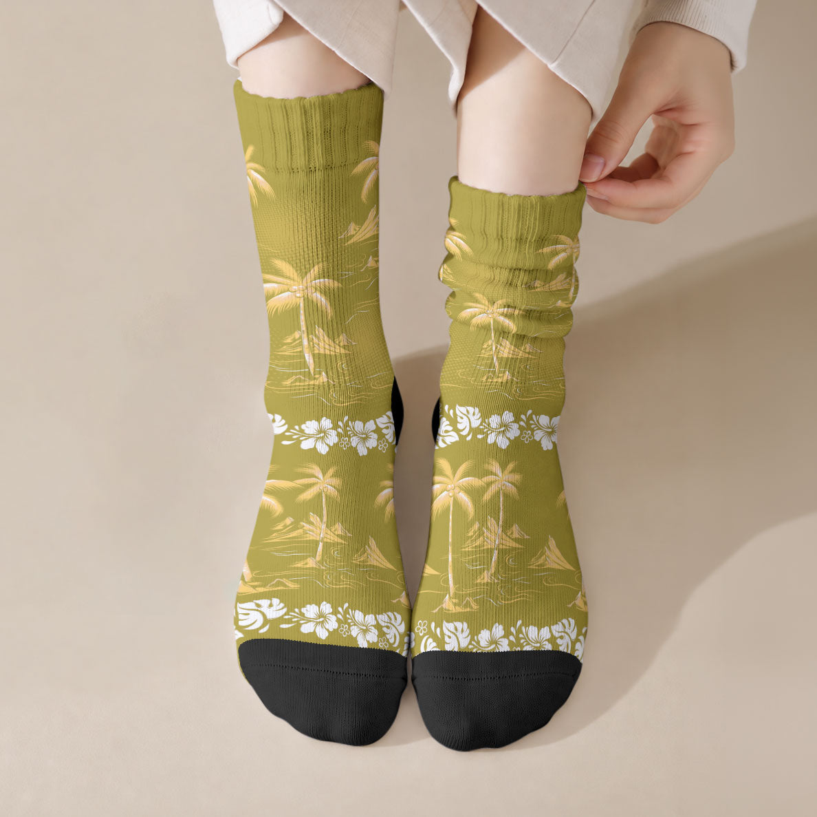 Yellow Hawaii Palm Tree Hibiscus Crew Socks Fantasy Summer Vibe