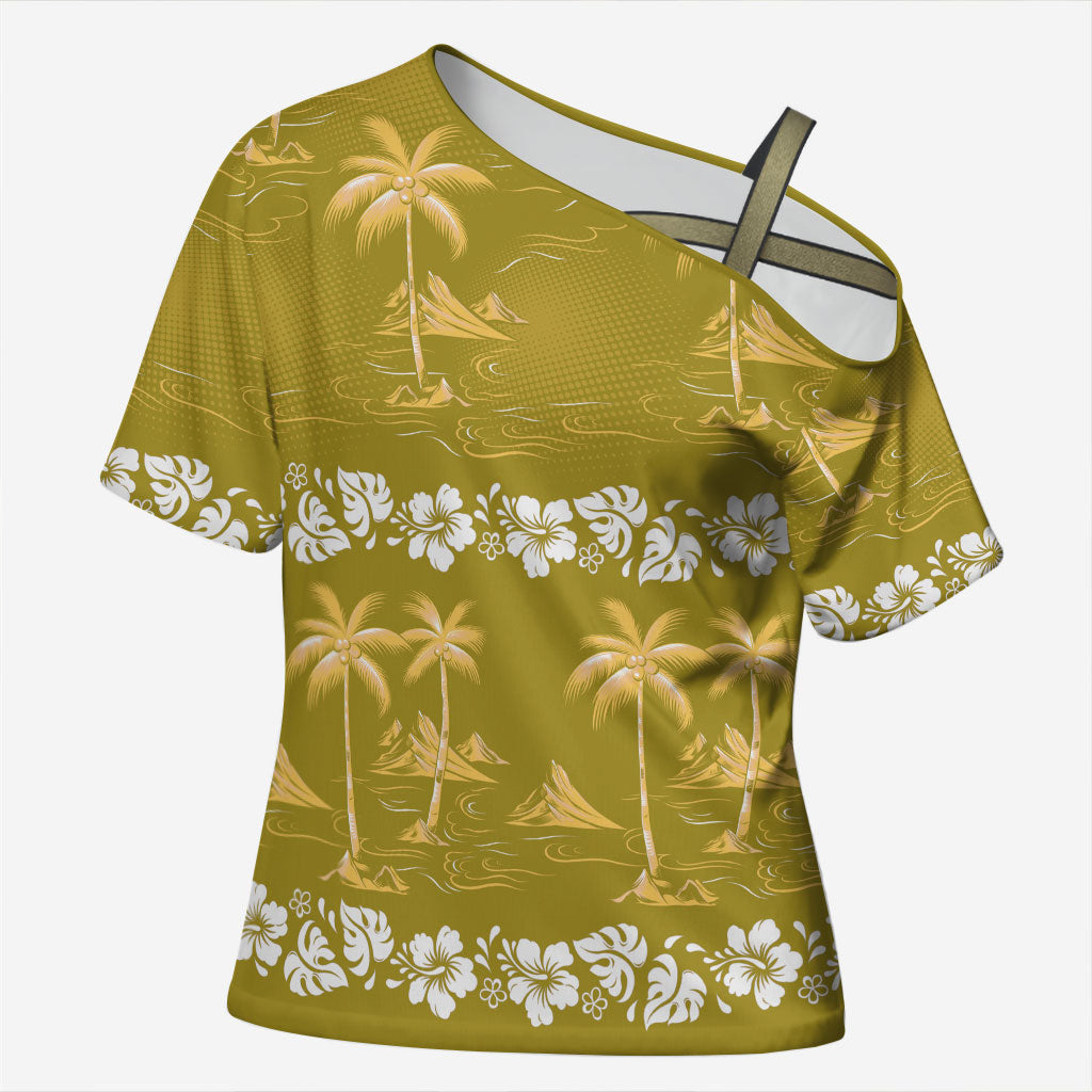 Yellow Hawaii Palm Tree Hibiscus Cross Shoulder Shirt Fantasy Summer Vibe