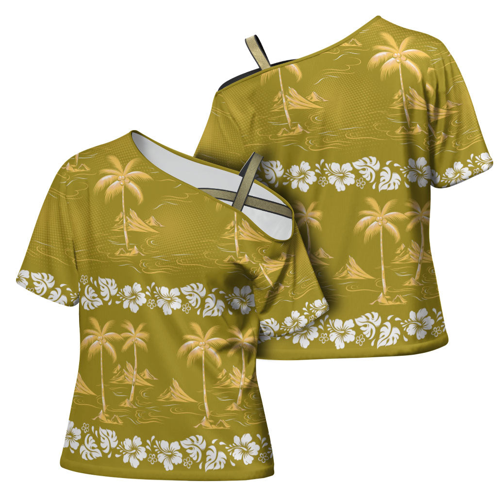 Yellow Hawaii Palm Tree Hibiscus Cross Shoulder Shirt Fantasy Summer Vibe
