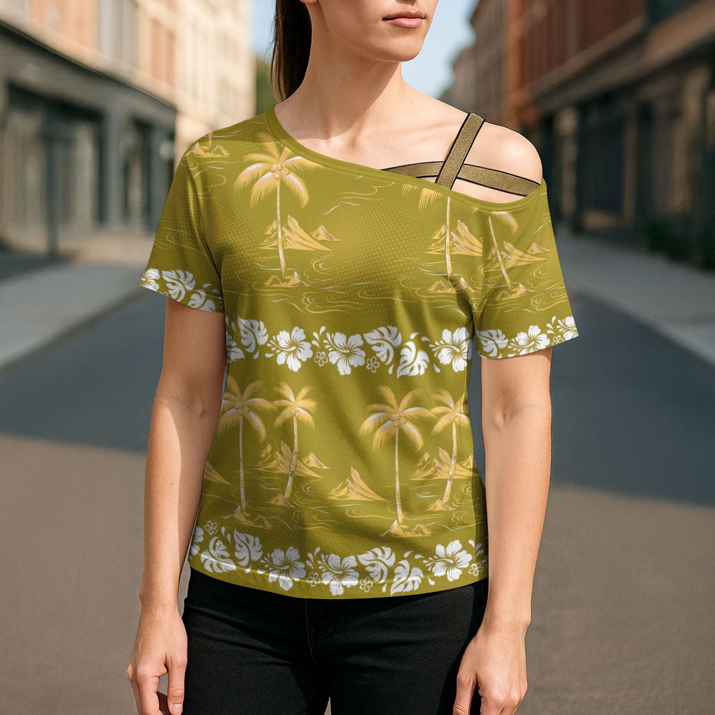 Yellow Hawaii Palm Tree Hibiscus Cross Shoulder Shirt Fantasy Summer Vibe