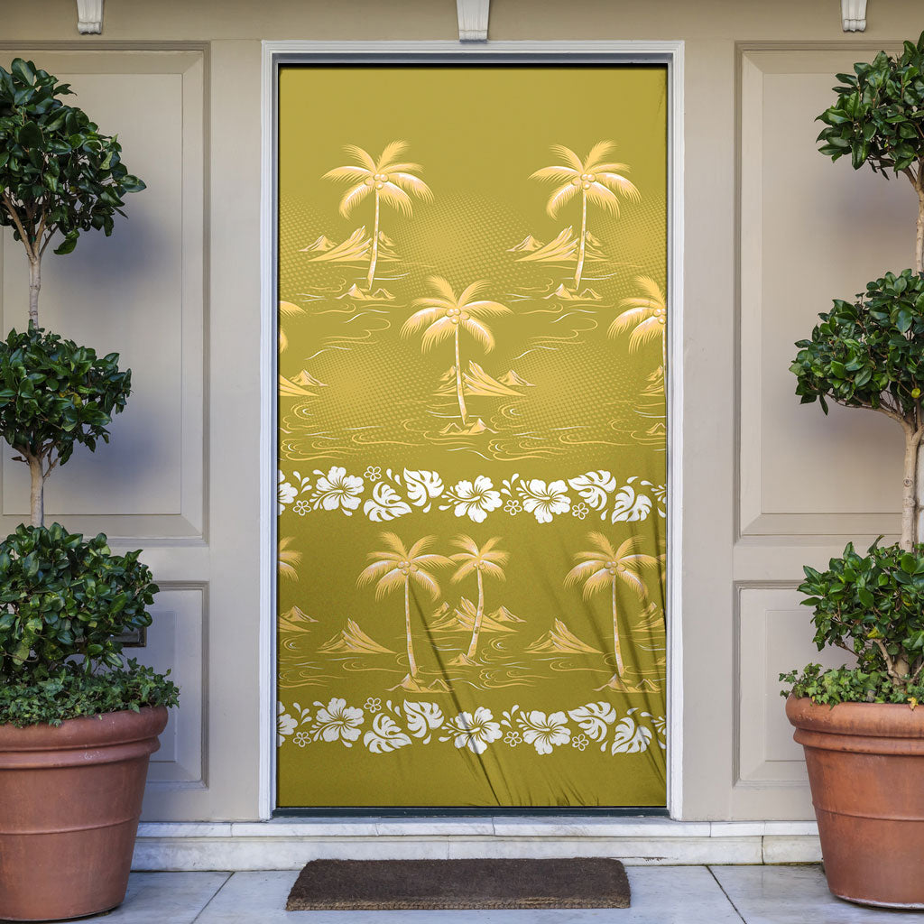 Yellow Hawaii Palm Tree Hibiscus Door Cover Fantasy Summer Vibe