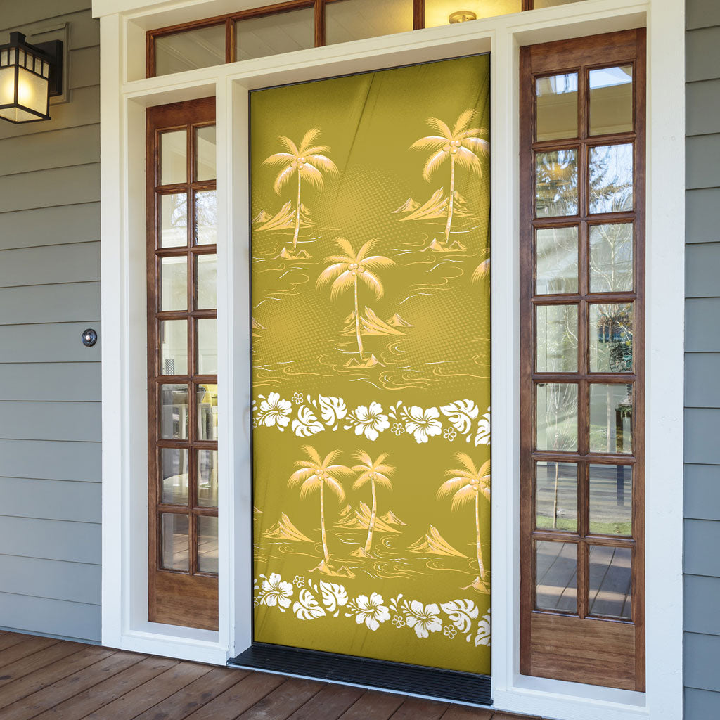 Yellow Hawaii Palm Tree Hibiscus Door Cover Fantasy Summer Vibe