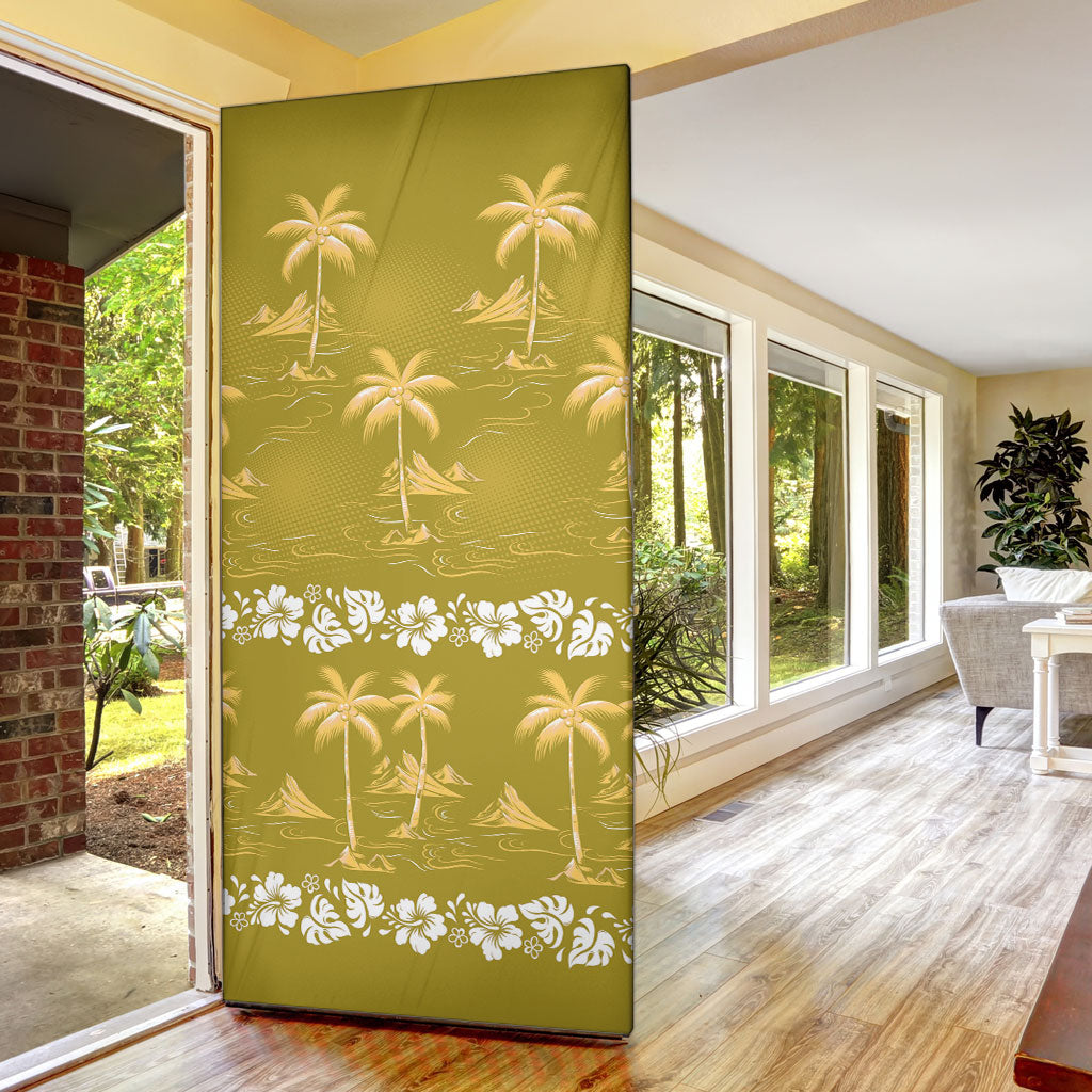 Yellow Hawaii Palm Tree Hibiscus Door Cover Fantasy Summer Vibe