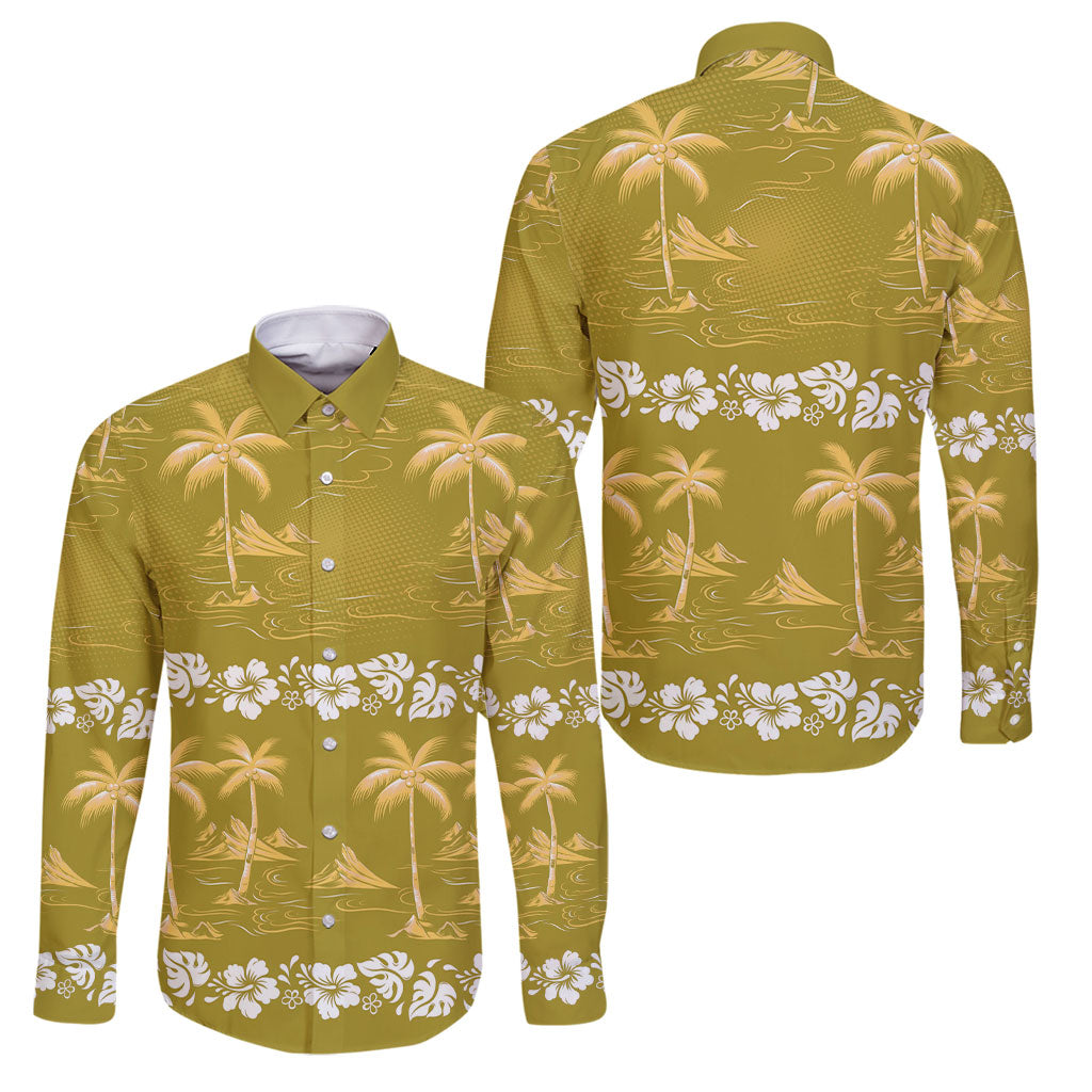 Yellow Hawaii Palm Tree Hibiscus Family Matching Mermaid Dress and Hawaiian Shirt Fantasy Summer Vibe LT01 Dad's Shirt - Long Sleeve Yellow - Polynesian Pride