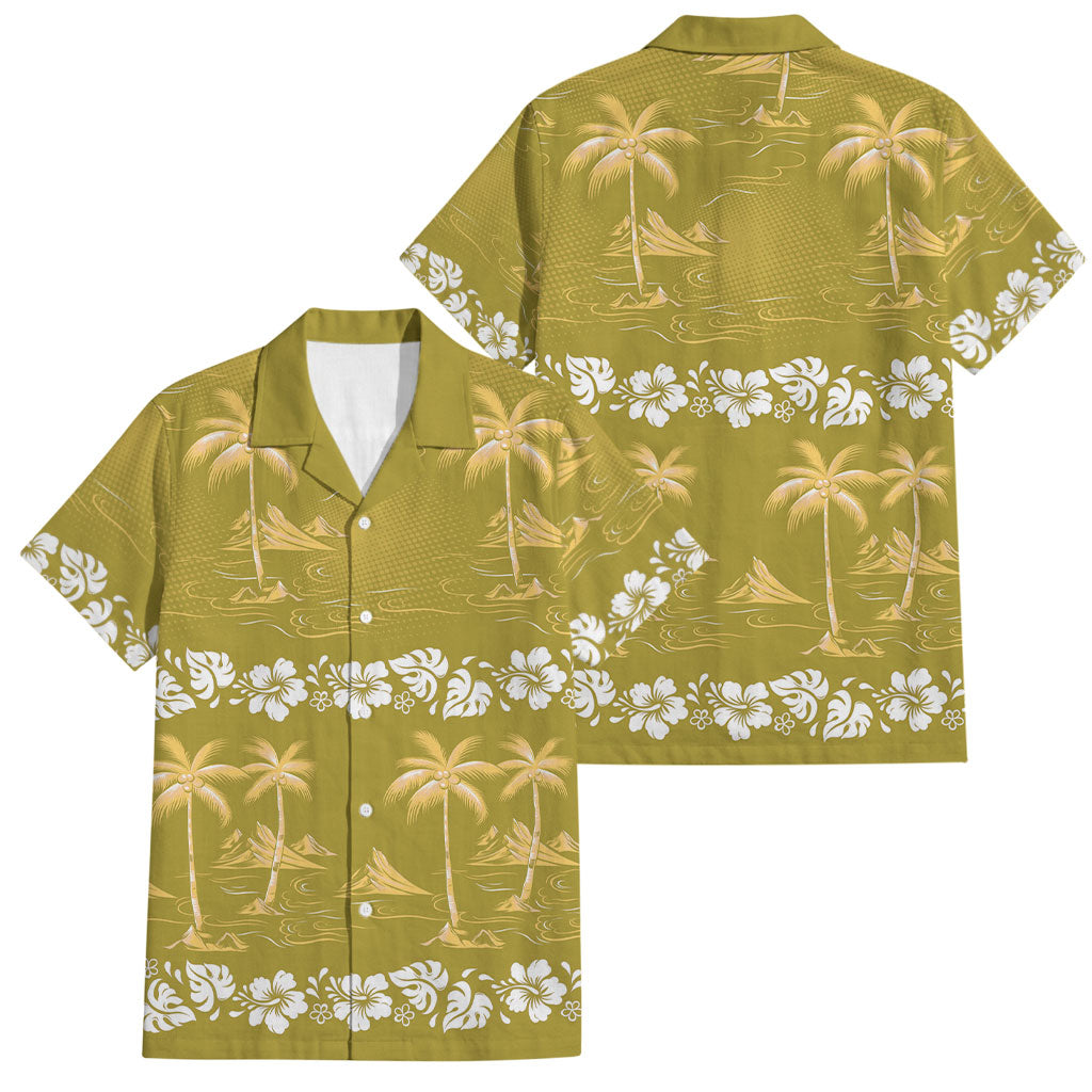 Yellow Hawaii Palm Tree Hibiscus Family Matching Puletasi and Hawaiian Shirt Fantasy Summer Vibe LT01 Dad's Shirt - Short Sleeve Yellow - Polynesian Pride
