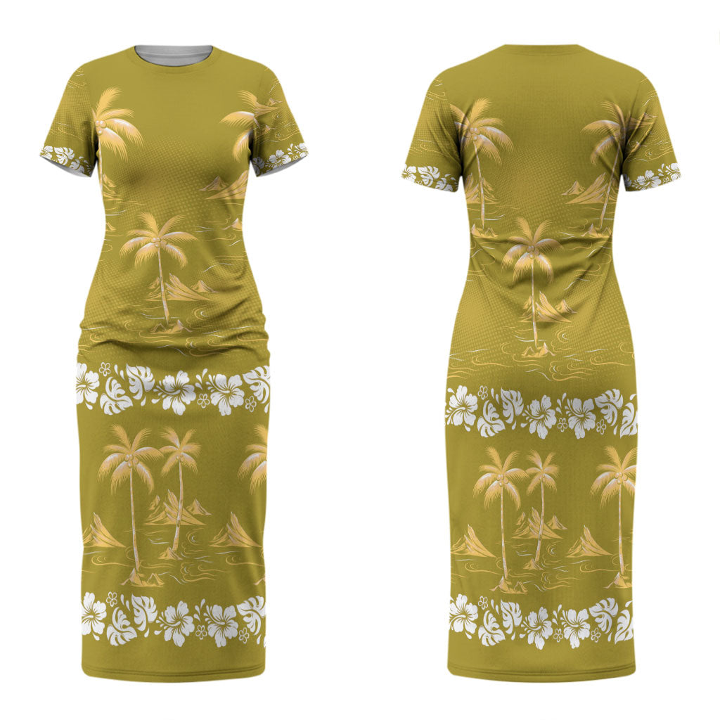 Yellow Hawaii Palm Tree Hibiscus Family Matching Short Sleeve Bodycon Dress and Hawaiian Shirt Fantasy Summer Vibe LT01 Mom's Dress Yellow - Polynesian Pride