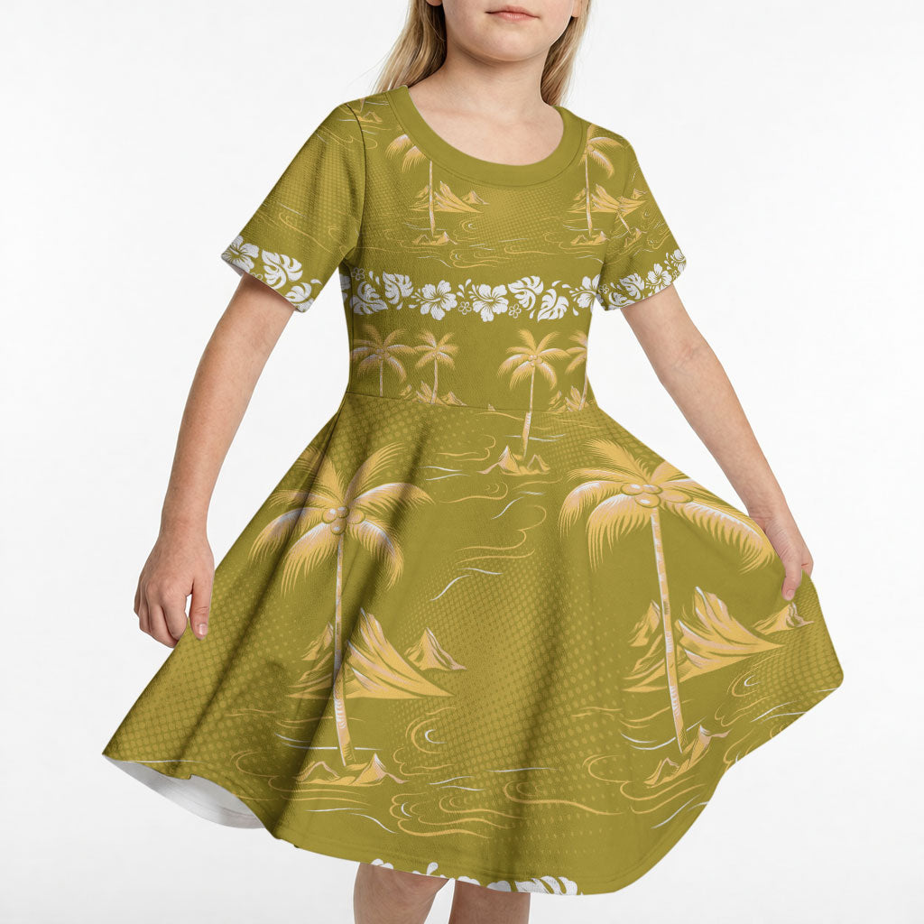 Yellow Hawaii Palm Tree Hibiscus Kid Short Sleeve Dress Fantasy Summer Vibe LT01 - Polynesian Pride