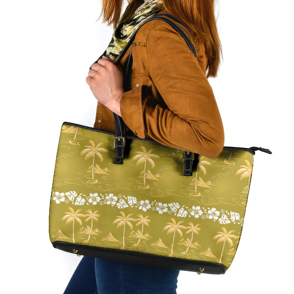 Yellow Hawaii Palm Tree Hibiscus Leather Tote Bag Fantasy Summer Vibe LT01 Yellow - Polynesian Pride
