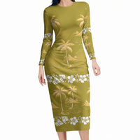 Yellow Hawaii Palm Tree Hibiscus Long Sleeve Bodycon Dress Fantasy Summer Vibe