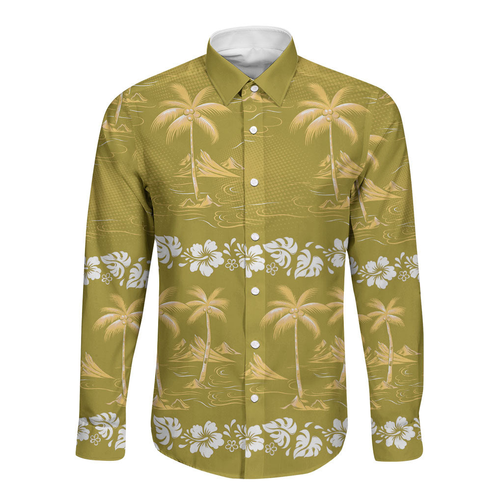 Yellow Hawaii Palm Tree Hibiscus Long Sleeve Button Shirt Fantasy Summer Vibe