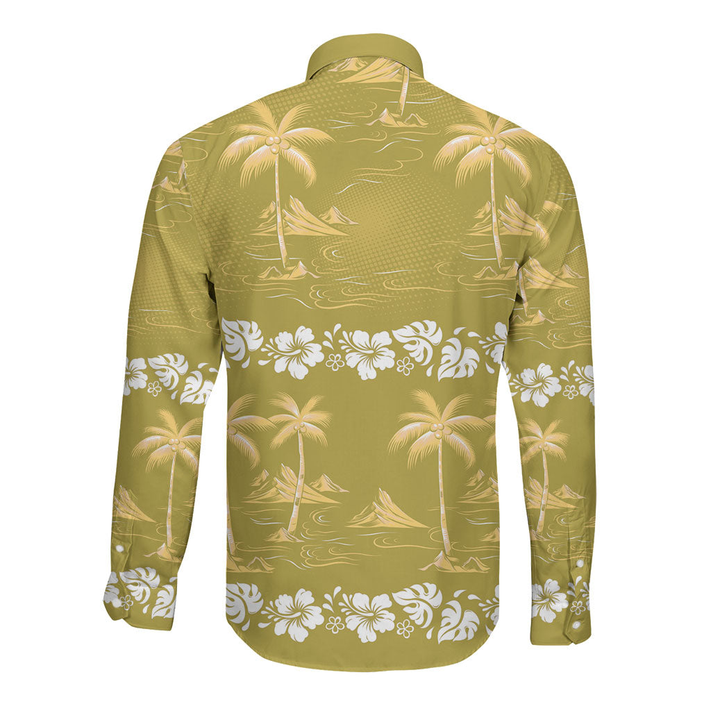 Yellow Hawaii Palm Tree Hibiscus Long Sleeve Button Shirt Fantasy Summer Vibe