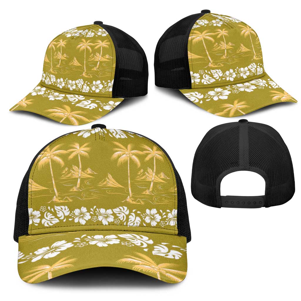 Yellow Hawaii Palm Tree Hibiscus Mesh Trucker Cap Fantasy Summer Vibe LT01 - Polynesian Pride