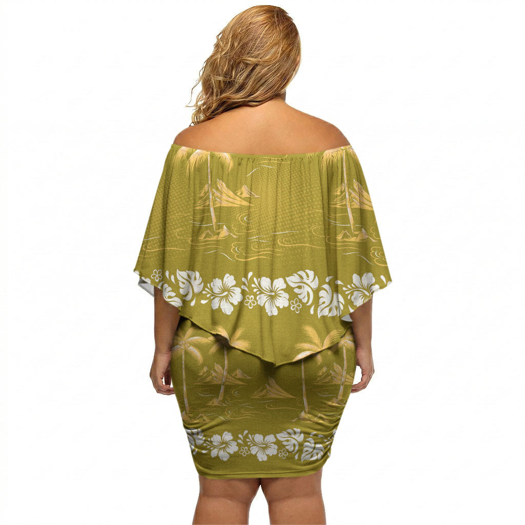 Yellow Hawaii Palm Tree Hibiscus Off Shoulder Short Dress Fantasy Summer Vibe