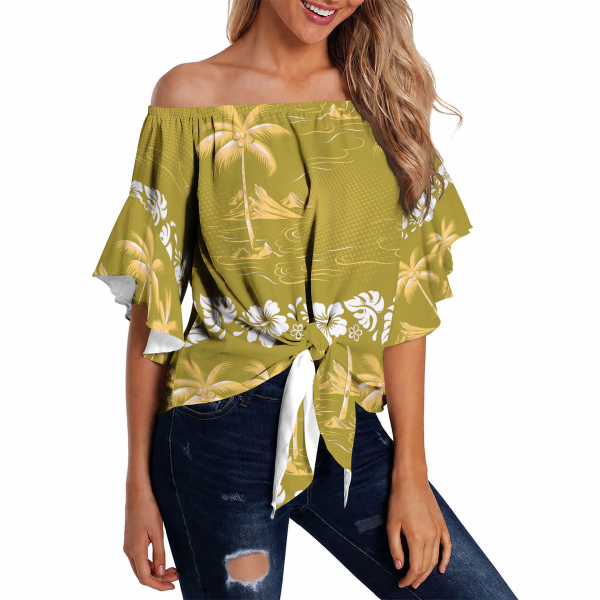 Yellow Hawaii Palm Tree Hibiscus Off Shoulder Wrap Waist Top Fantasy Summer Vibe