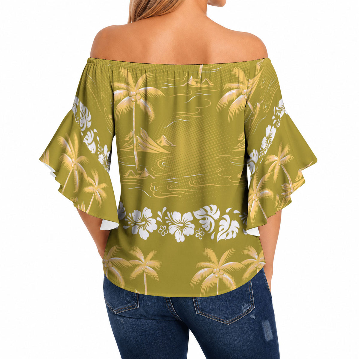 Yellow Hawaii Palm Tree Hibiscus Off Shoulder Wrap Waist Top Fantasy Summer Vibe