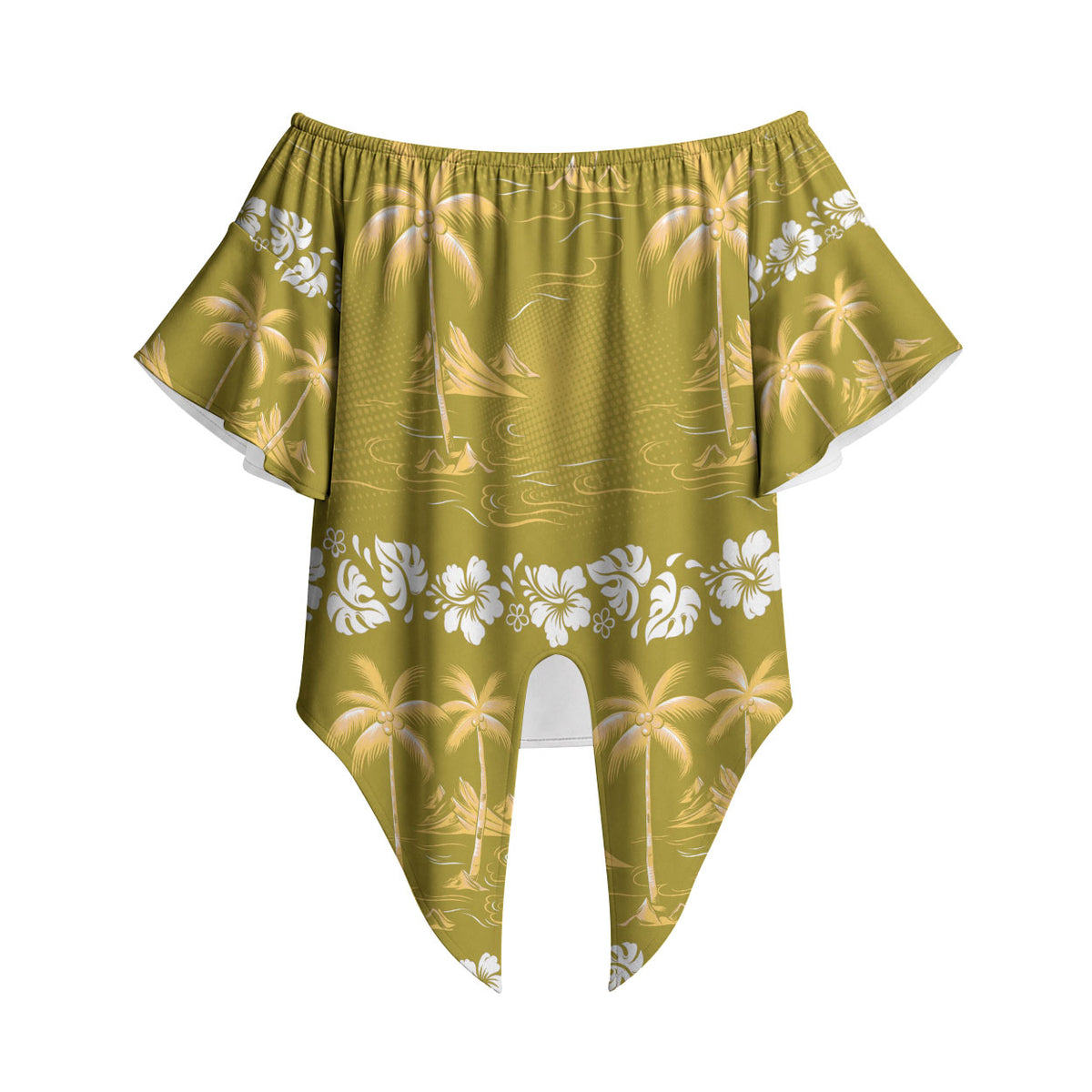 Yellow Hawaii Palm Tree Hibiscus Off Shoulder Wrap Waist Top Fantasy Summer Vibe