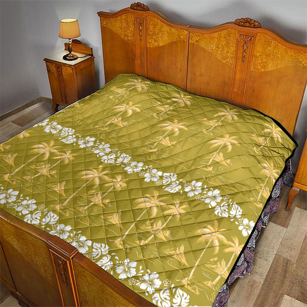 Yellow Hawaii Palm Tree Hibiscus Quilt Fantasy Summer Vibe