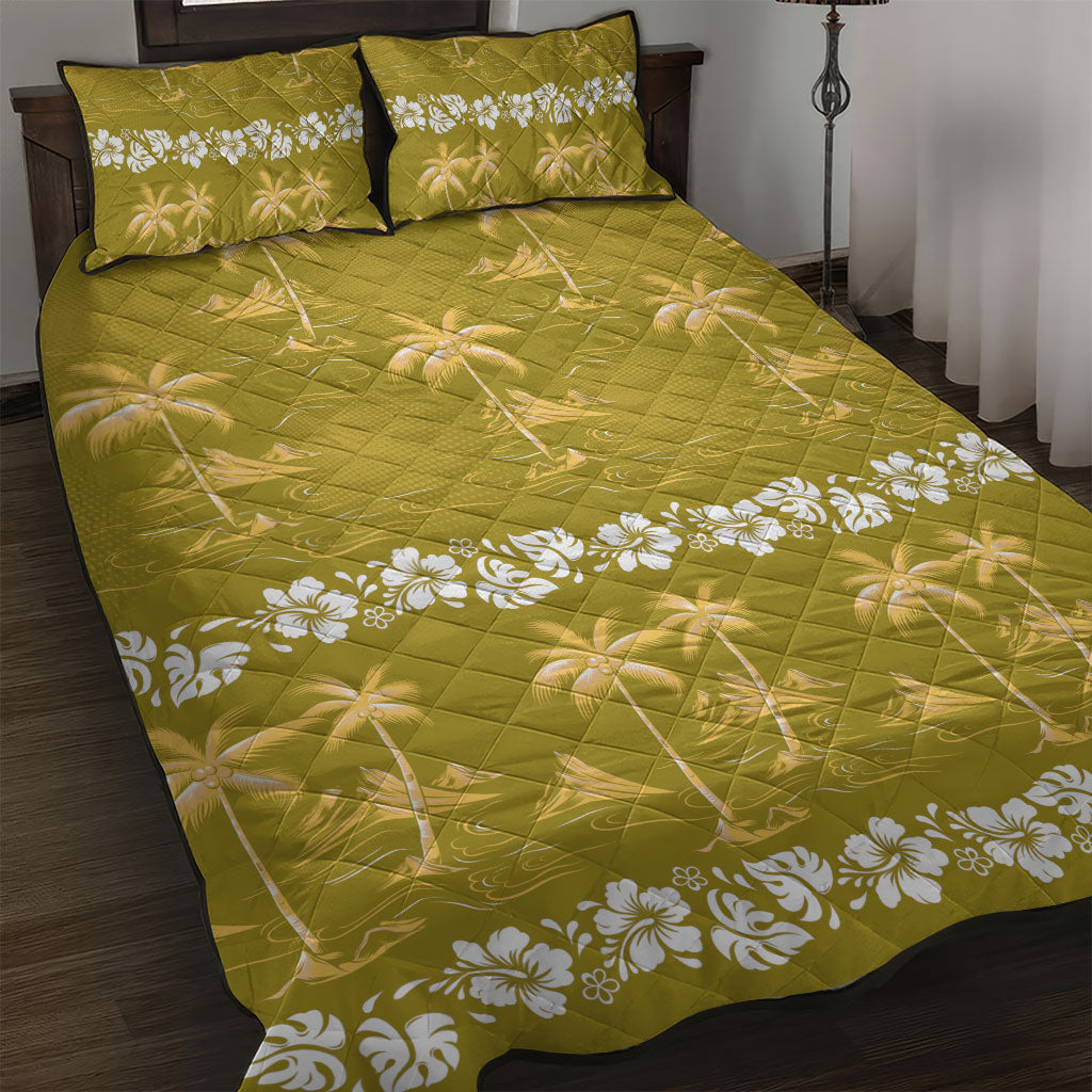 Yellow Hawaii Palm Tree Hibiscus Quilt Bed Set Fantasy Summer Vibe