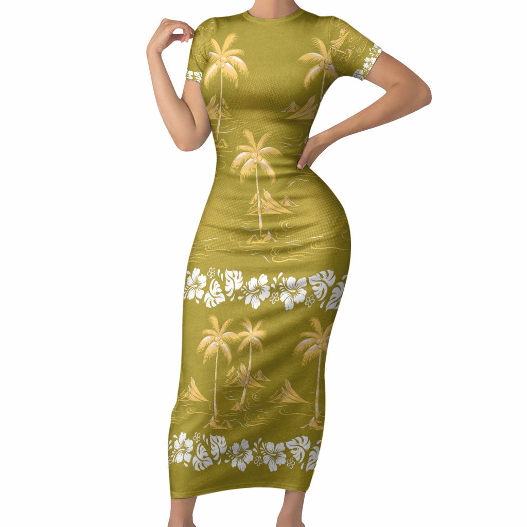 Yellow Hawaii Palm Tree Hibiscus Short Sleeve Bodycon Dress Fantasy Summer Vibe LT01 Long Dress Yellow - Polynesian Pride