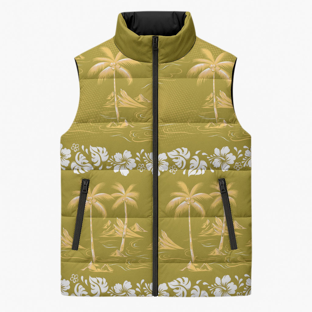 Yellow Hawaii Palm Tree Hibiscus Sleeveless Puffer Jacket Fantasy Summer Vibe